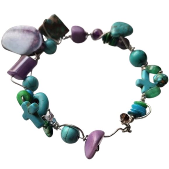 Hand-Crafted Wire Wrapped Purple & Turquoise Gemstone Bangle Cross Bracelet - Picture 6 of 10